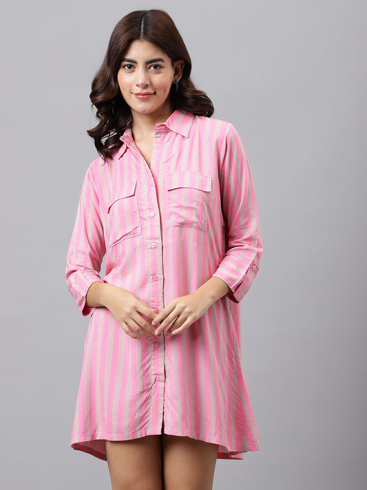 Zisfi Women’s Pink Striped Shirt Dress with Front Pockets – Casual Button-Down Tunic for Summer | 3/4 Sleeves, Relaxed Fit