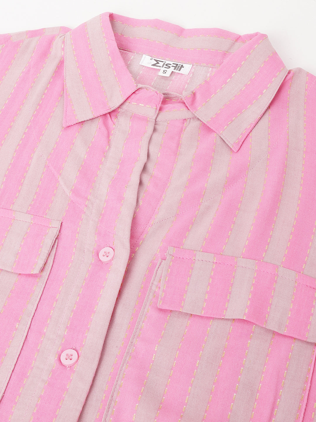 Zisfi Women’s Pink Striped Shirt Dress with Front Pockets – Casual Button-Down Tunic for Summer | 3/4 Sleeves, Relaxed Fit