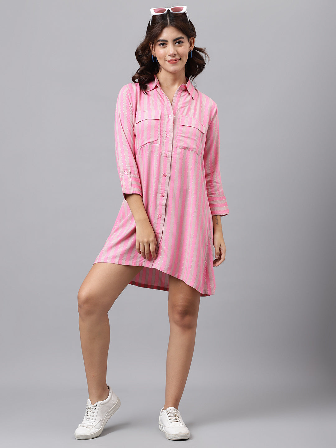 Zisfi Women’s Pink Striped Shirt Dress with Front Pockets – Casual Button-Down Tunic for Summer | 3/4 Sleeves, Relaxed Fit