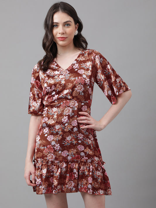 Rust Floral V-Neck Mini Dress – Flare Sleeves, Ruffled Hem, Satin-Like Fabric
