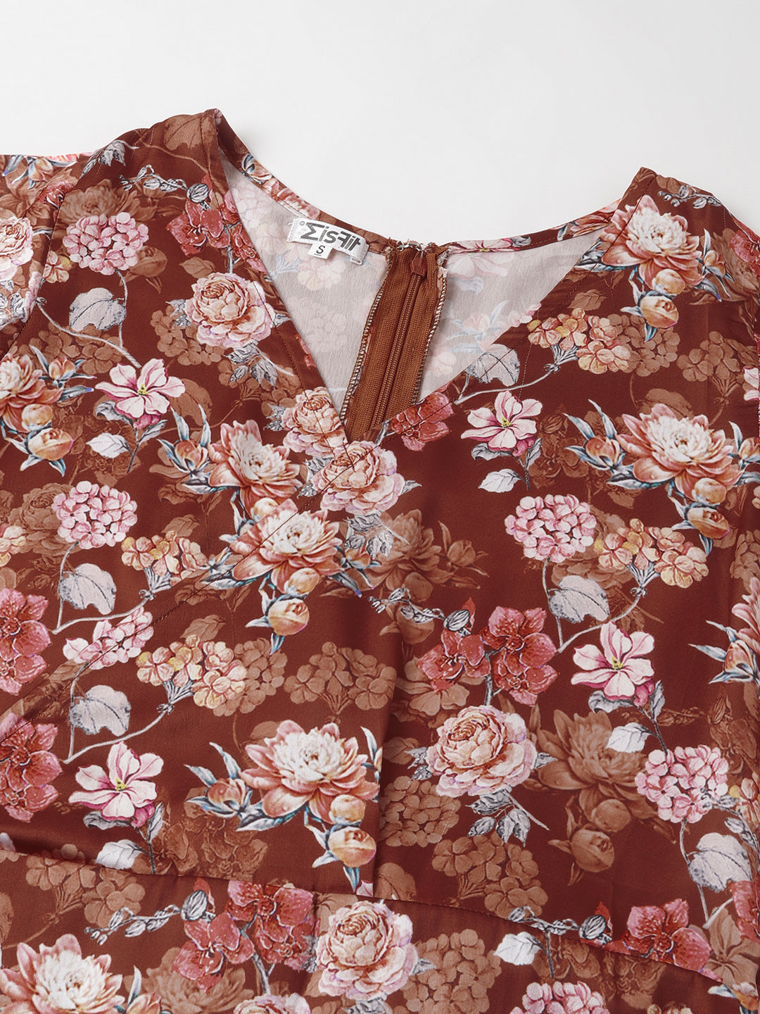 Rust Floral V-Neck Mini Dress – Flare Sleeves, Ruffled Hem, Satin-Like Fabric