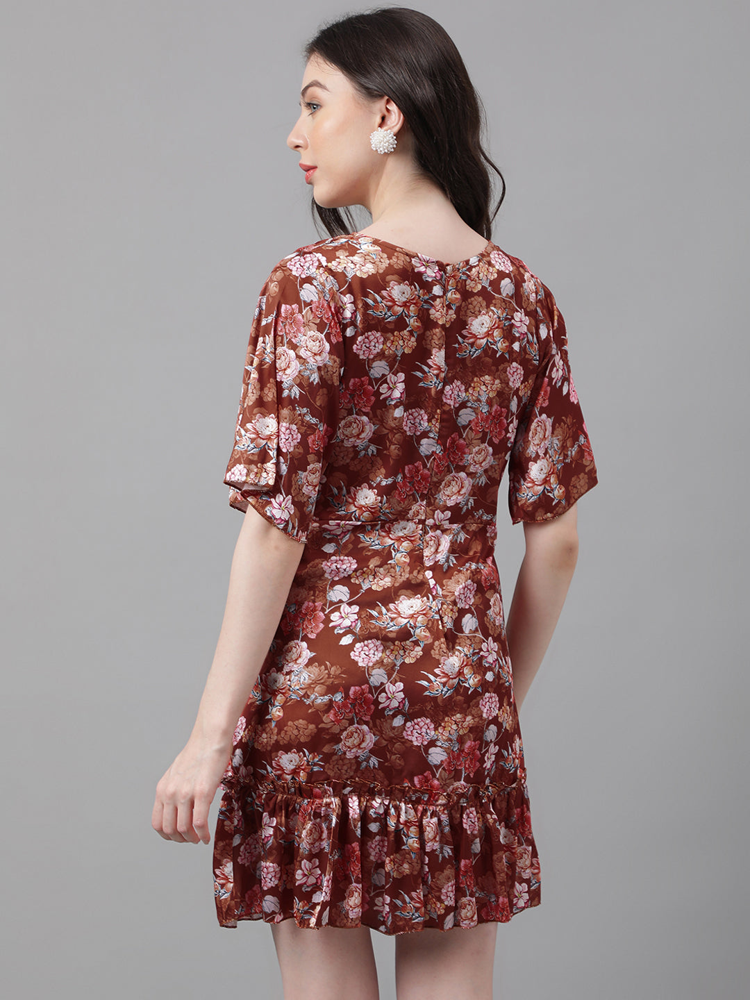 Rust Floral V-Neck Mini Dress – Flare Sleeves, Ruffled Hem, Satin-Like Fabric