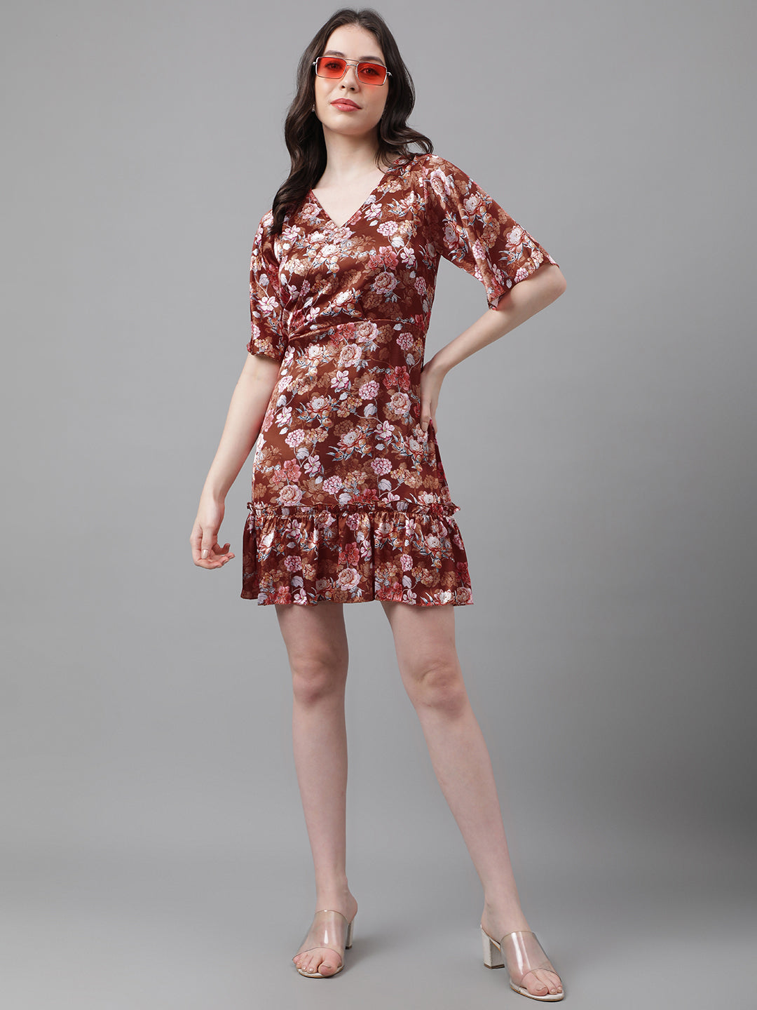 Rust Floral V-Neck Mini Dress – Flare Sleeves, Ruffled Hem, Satin-Like Fabric