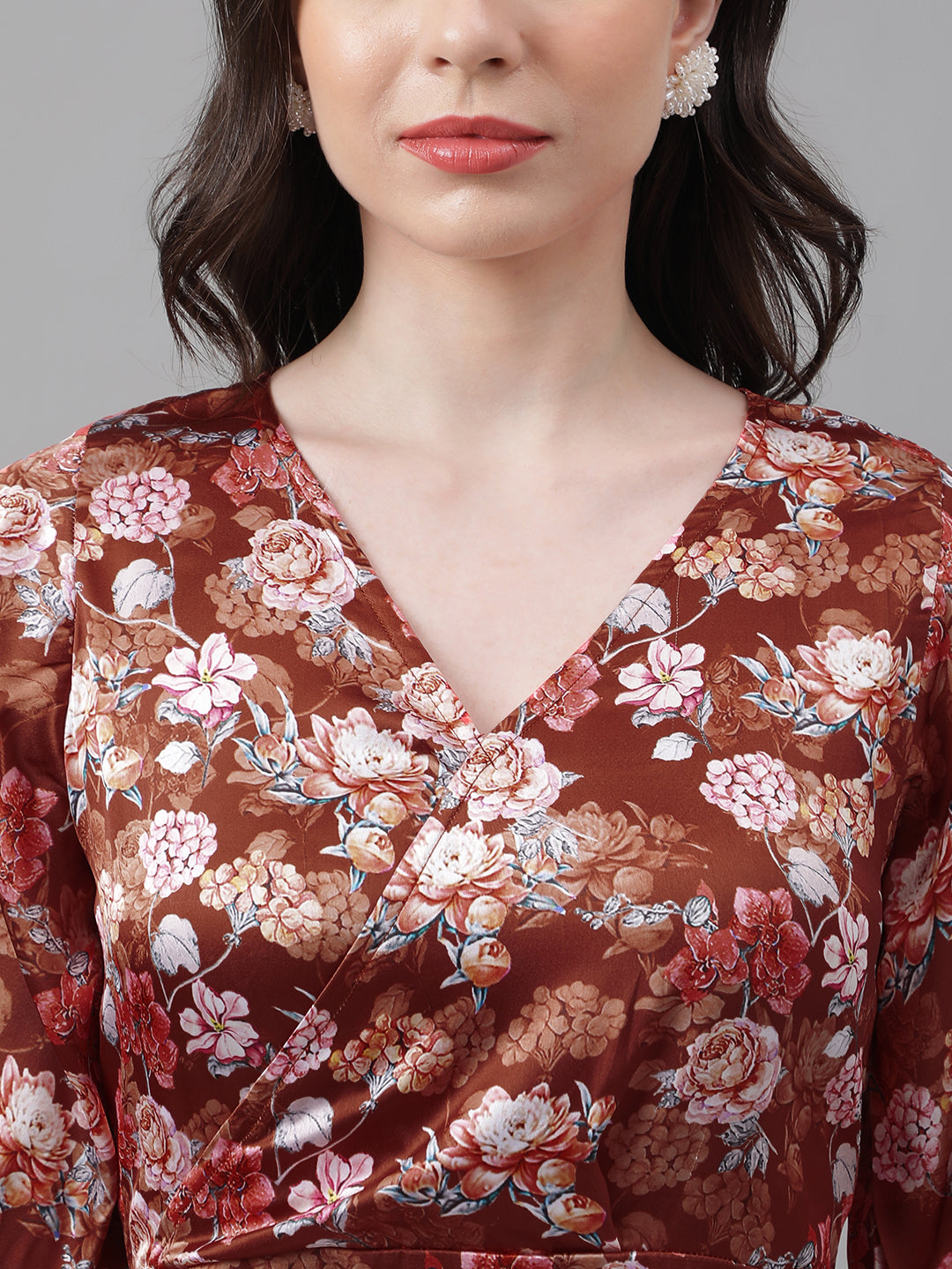 Rust Floral V-Neck Mini Dress – Flare Sleeves, Ruffled Hem, Satin-Like Fabric