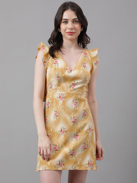 Golden Yellow Floral V-Neck Mini Dress – Ruffle Sleeves, Open Back, Tie-Up Detail