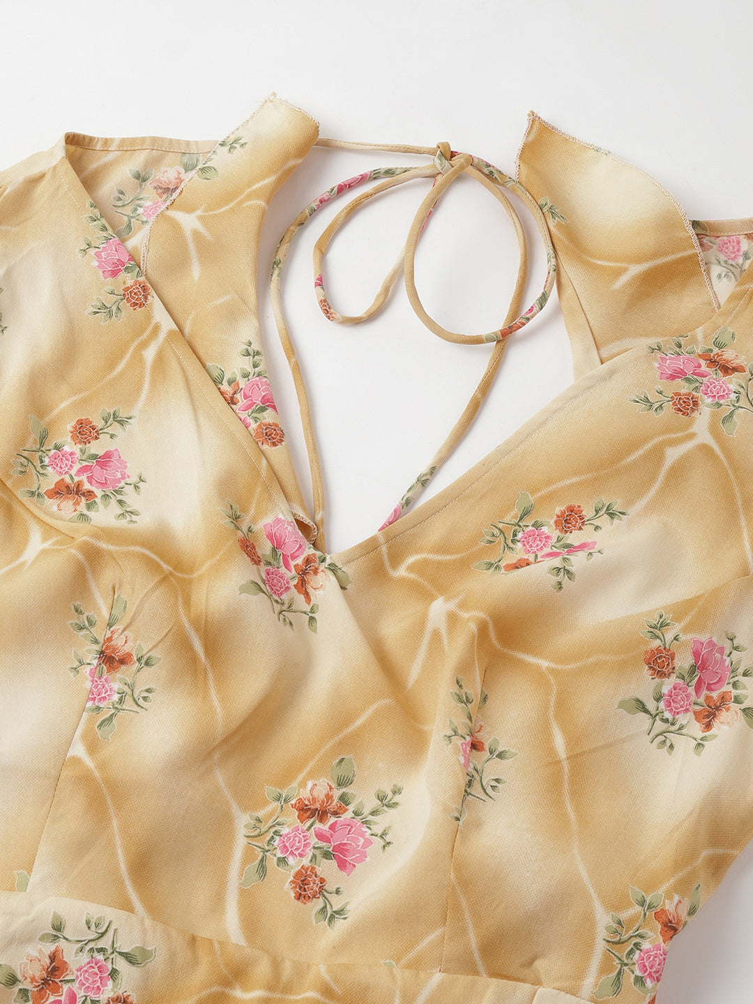 Golden Yellow Floral V-Neck Mini Dress – Ruffle Sleeves, Open Back, Tie-Up Detail