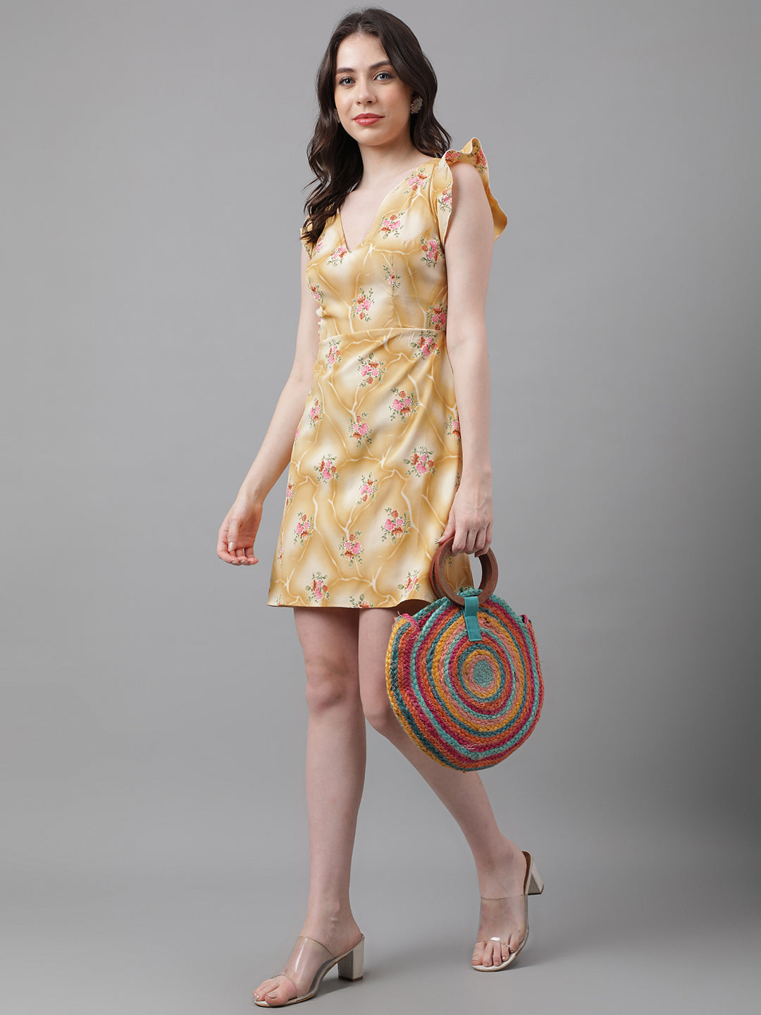 Golden Yellow Floral V-Neck Mini Dress – Ruffle Sleeves, Open Back, Tie-Up Detail