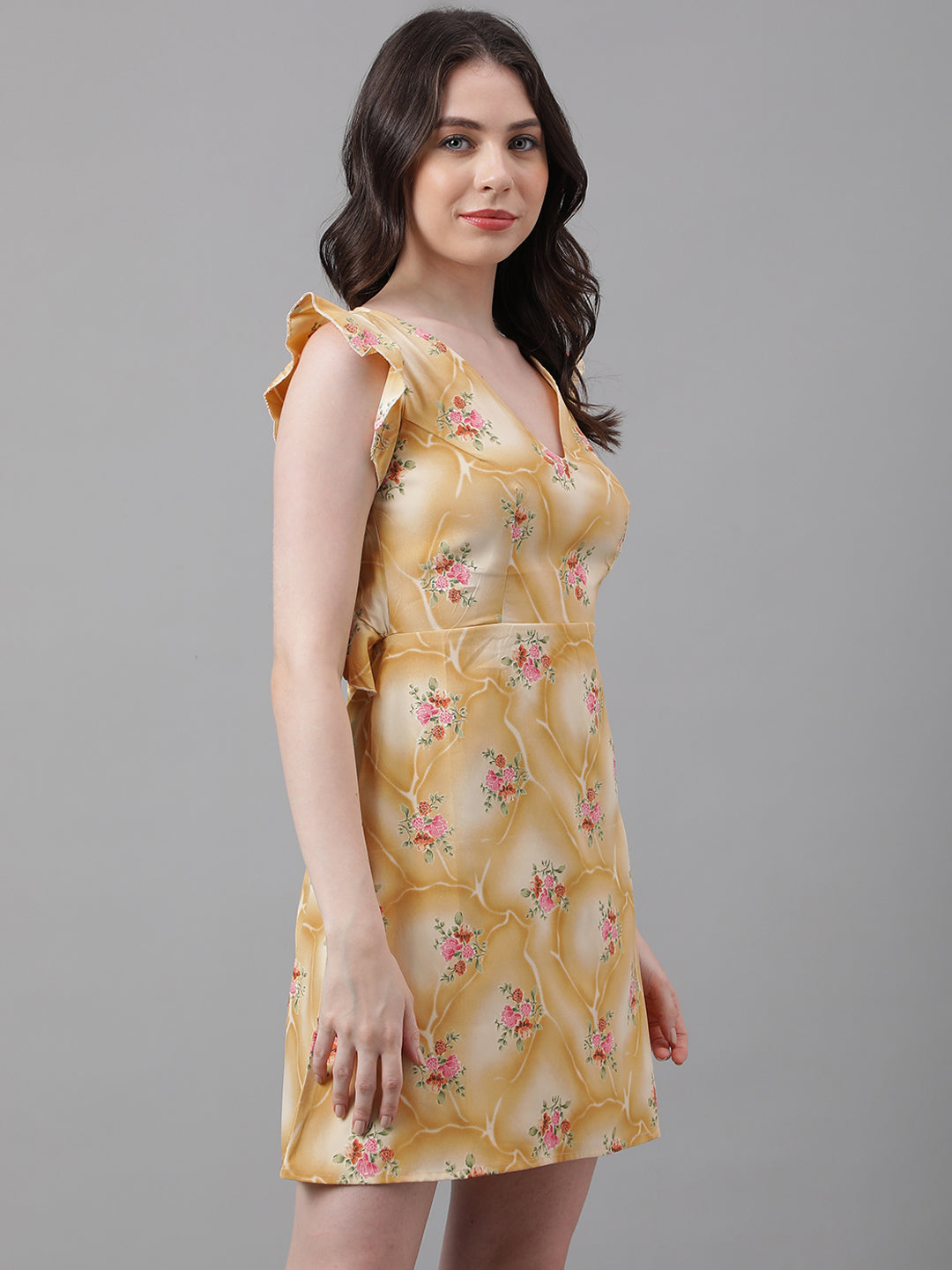 Golden Yellow Floral V-Neck Mini Dress – Ruffle Sleeves, Open Back, Tie-Up Detail