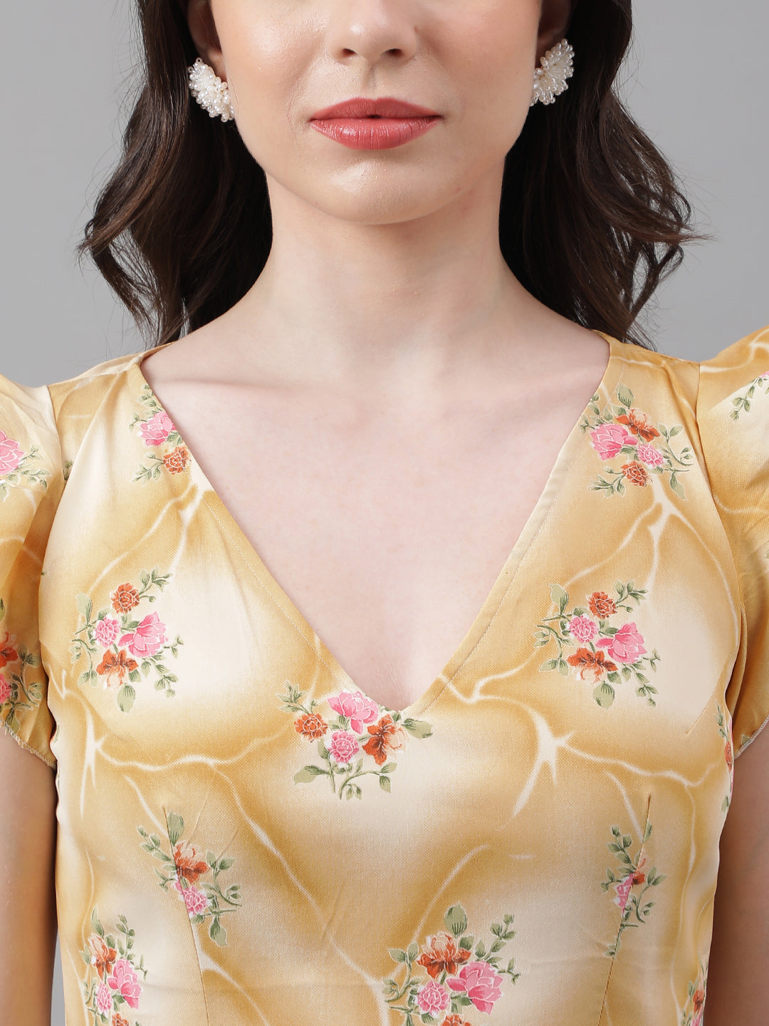 Golden Yellow Floral V-Neck Mini Dress – Ruffle Sleeves, Open Back, Tie-Up Detail