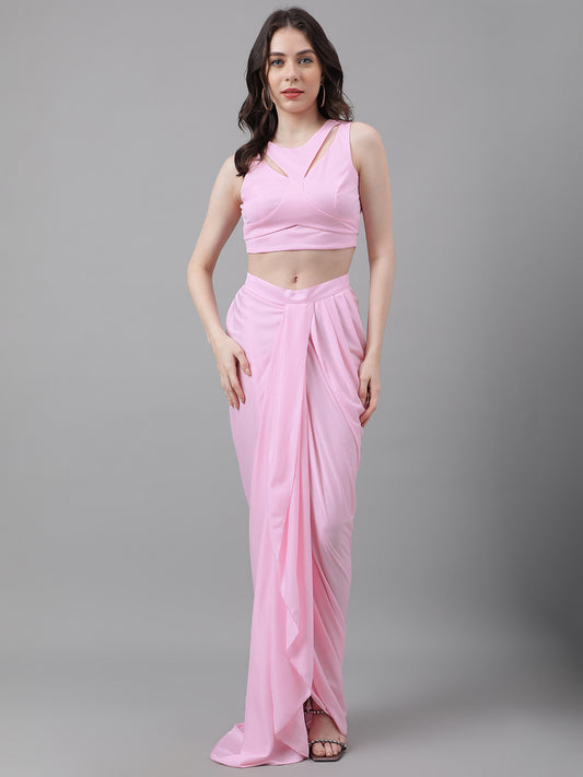Trymisfit Women's Pink Cord Cotton Blend Saree-Style Co-ord Set – Halter Crop Top & Drawstring Drape Skirt | Indo-Western Festive Outfit