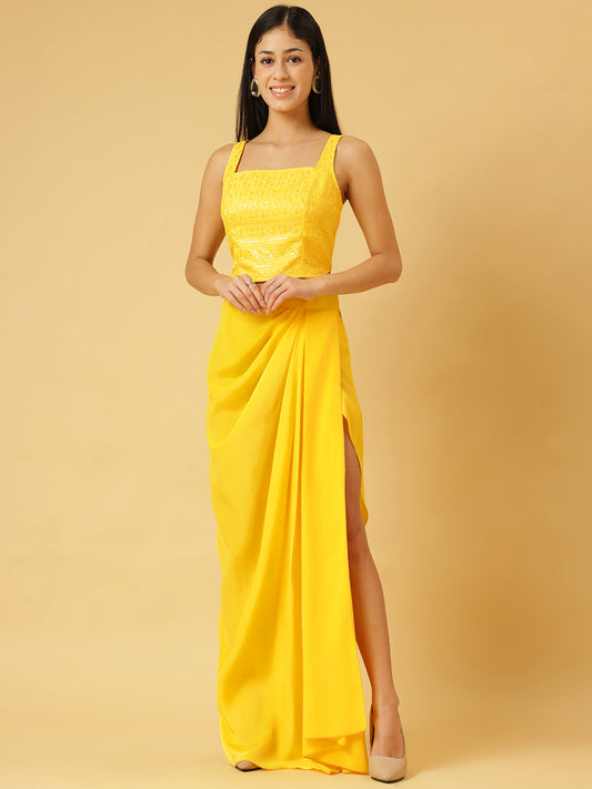 Sunshine Yellow Sequin Crop Top & Draped Skirt Co-ord Set for Women – Party Wear Two-Piece Outfit | Sleeveless, High-Slit Skirt, Festive Ensemble