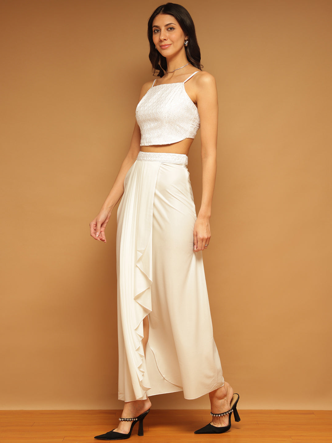 Trymisfit White Sequin Crop Top & Draped Skirt Set for Women – Festive & Party Wear | Sleeveless Co-ord with High Slit