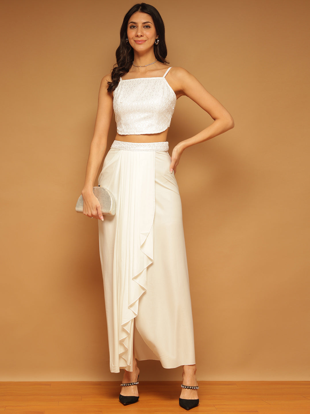 Trymisfit White Sequin Crop Top & Draped Skirt Set for Women – Festive & Party Wear | Sleeveless Co-ord with High Slit