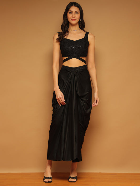 Trymisfit Black Sequin Crop Top & Draped Skirt Co-ord Set for Women – Party & Festive Wear | Sleeveless Designer Two-Piece Outfit