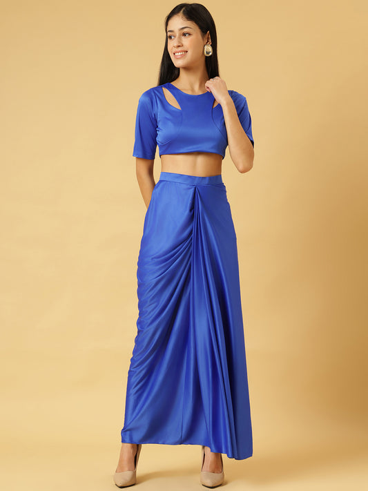 Trymisfit Royal Blue Satin Co-ord Set for Women – Cut-Out Crop Top & Draped Skirt | Party & Evening Wear