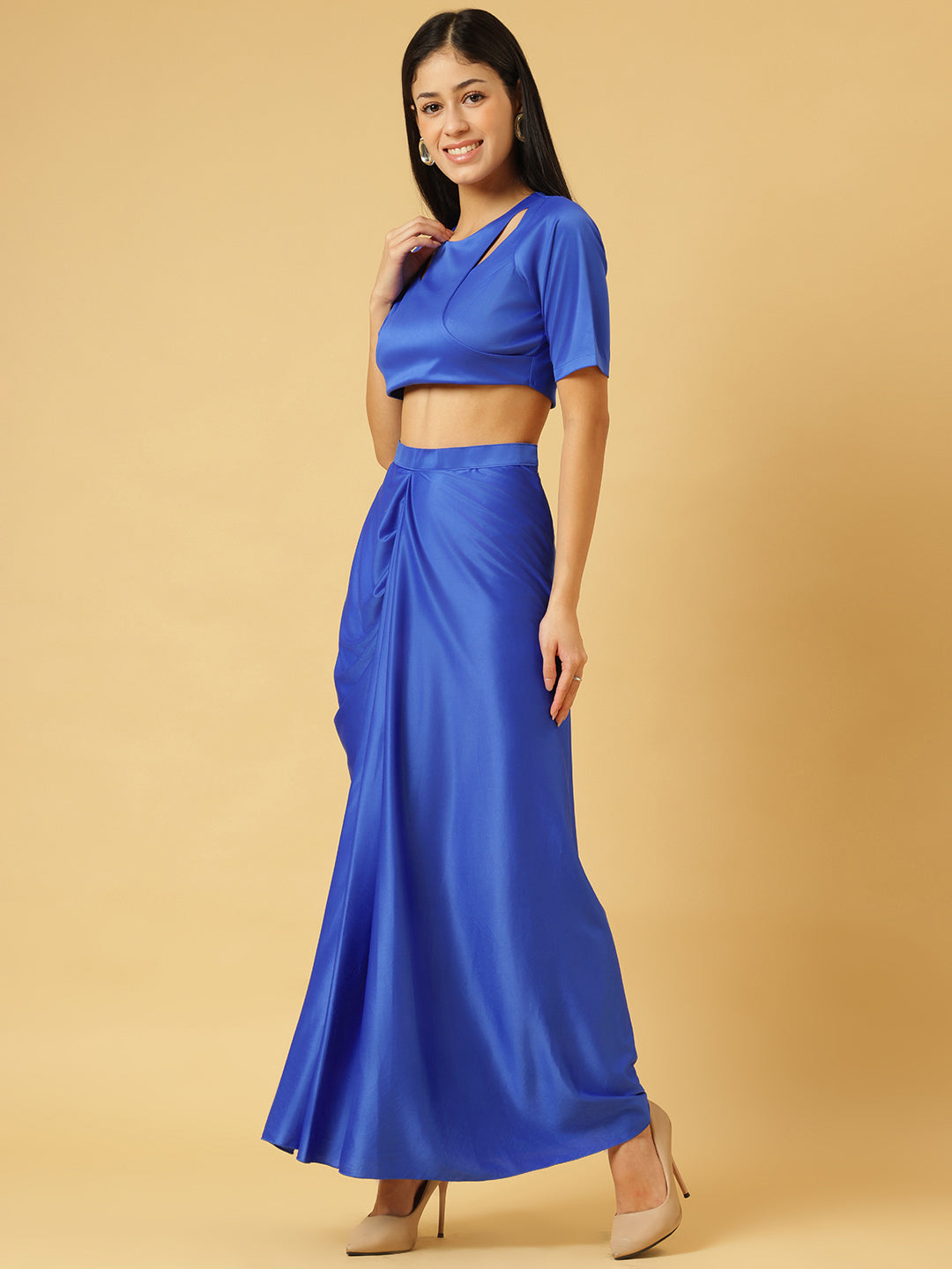 Trymisfit Royal Blue Satin Co-ord Set for Women – Cut-Out Crop Top & Draped Skirt | Party & Evening Wear