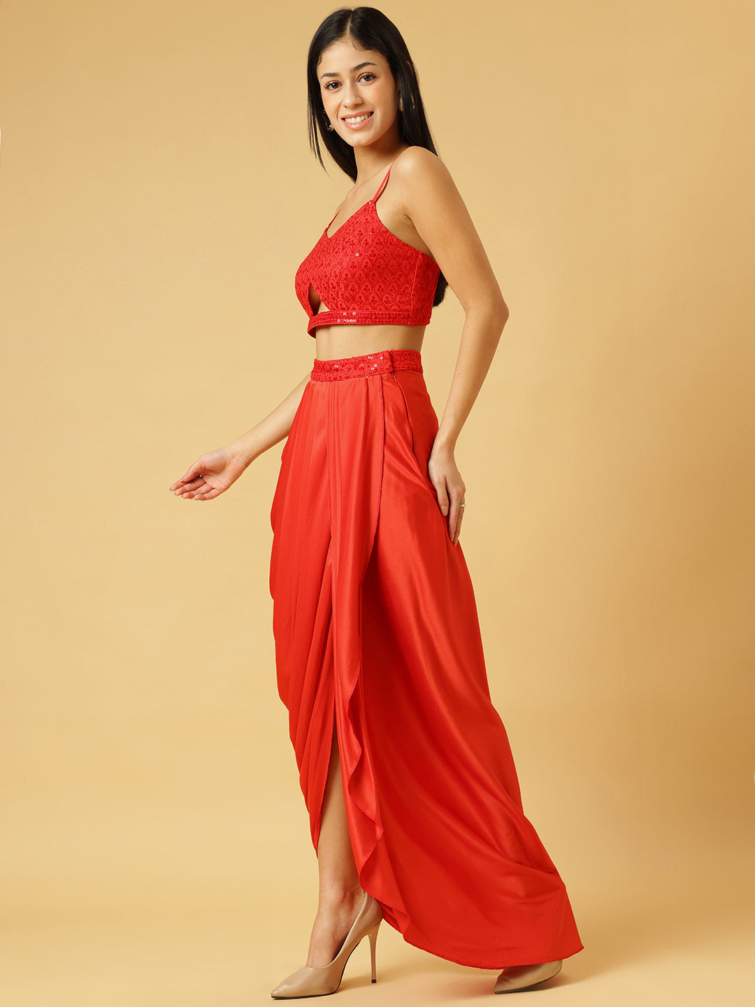 Trymisfit Satin Red Sequin Crop Top & Draped Skirt Set for Women – Party & Festive Wear Co-ord | Sleeveless Designer Outfit with High Slit