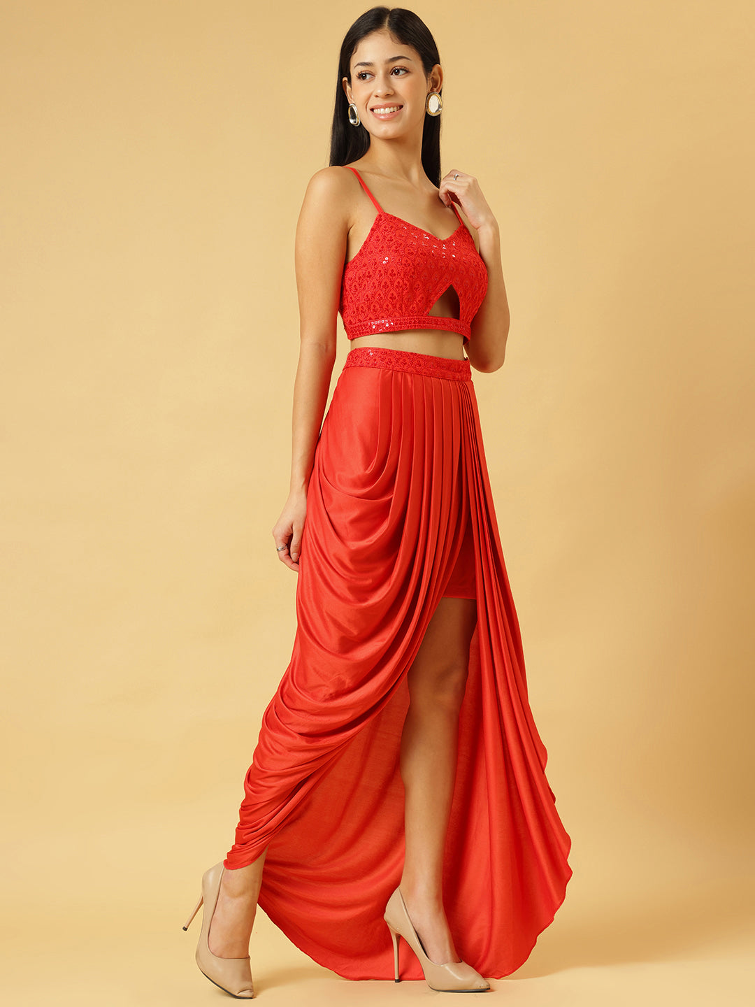 Trymisfit Satin Red Sequin Crop Top & Draped Skirt Set for Women – Party & Festive Wear Co-ord | Sleeveless Designer Outfit with High Slit