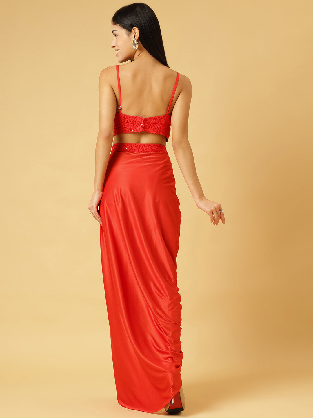 Trymisfit Satin Red Sequin Crop Top & Draped Skirt Set for Women – Party & Festive Wear Co-ord | Sleeveless Designer Outfit with High Slit