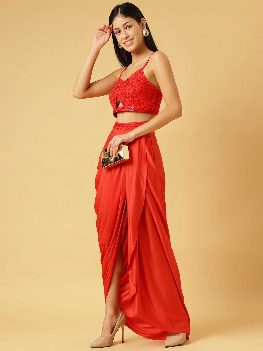 Trymisfit Satin Red Sequin Crop Top & Draped Skirt Set for Women – Party & Festive Wear Co-ord | Sleeveless Designer Outfit with High Slit