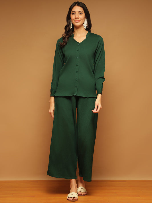 Trymisfit Dark Green Co-ord Set for Women – Button-Down Shirt & Wide-Leg Palazzos | Casual to Semi-Formal Wear