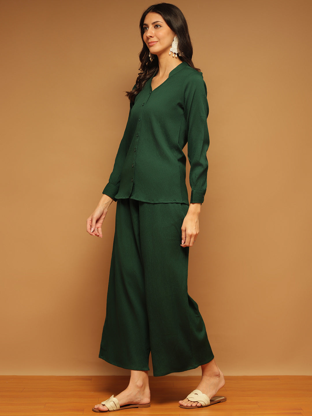 Trymisfit Dark Green Co-ord Set for Women – Button-Down Shirt & Wide-Leg Palazzos | Casual to Semi-Formal Wear