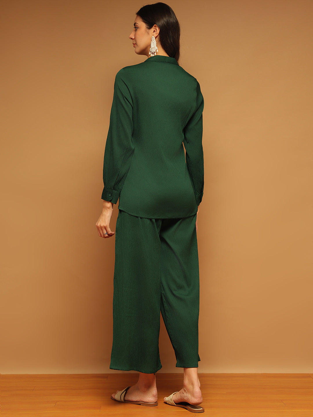 Trymisfit Dark Green Co-ord Set for Women – Button-Down Shirt & Wide-Leg Palazzos | Casual to Semi-Formal Wear