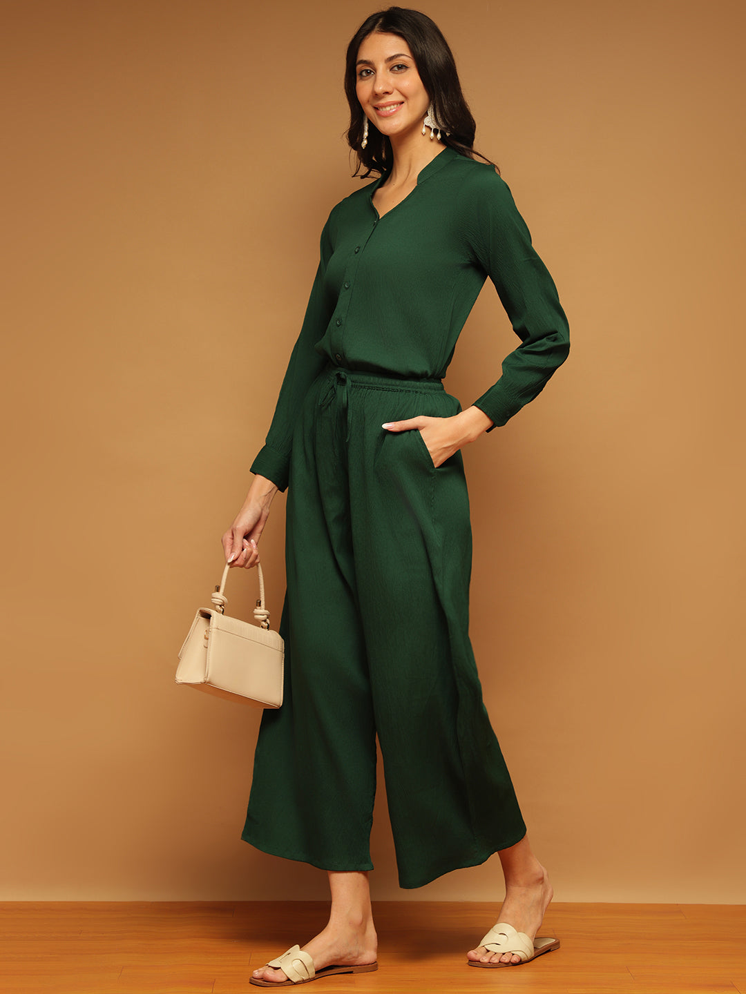 Trymisfit Dark Green Co-ord Set for Women – Button-Down Shirt & Wide-Leg Palazzos | Casual to Semi-Formal Wear