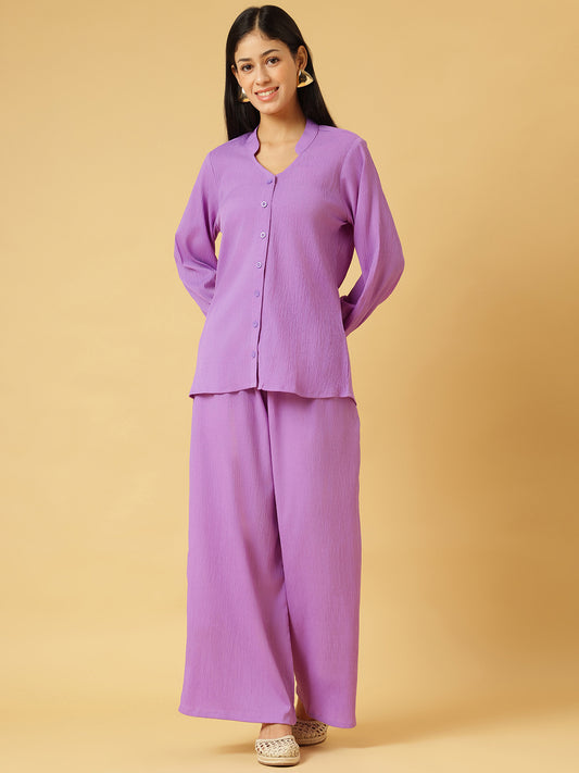 Trymisfit Lilac Co-ord Set for Women – Textured Button-Down Shirt & Wide-Leg Palazzos | Summer Casual & Brunch Outfit