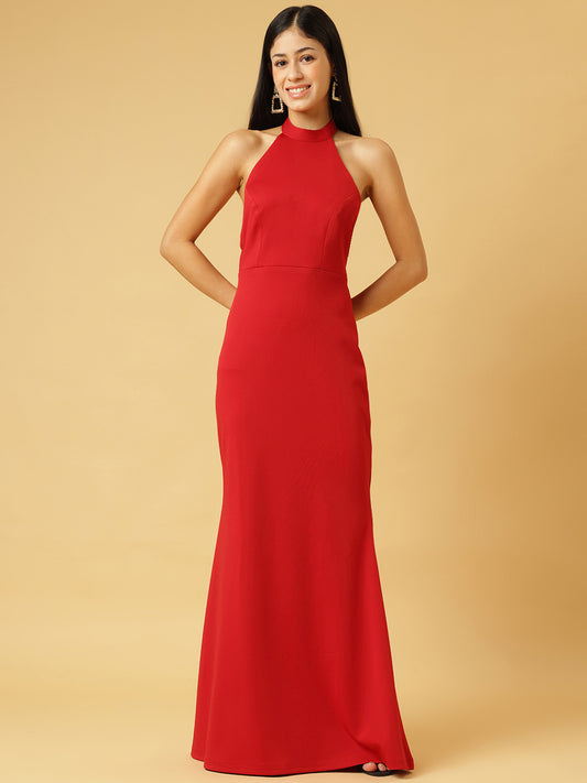 Trymisfit Red Halter Neck Bodycon Maxi Dress for Women – Elegant Evening & Party Wear | Sleeveless Stretch Fit