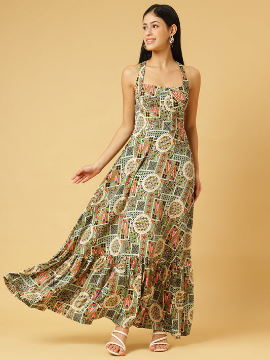 Trymisfit Green & Multicolor Printed Halter Neck Tiered Maxi Dress – Ethnic Geometric Print, Boho Summer Style
