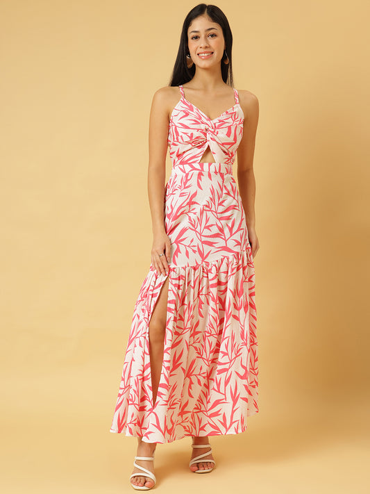 Trymisfit White & Pink Floral Cut-Out Maxi Dress – Halter Neck, Thigh-High Slit, Tiered Skirt