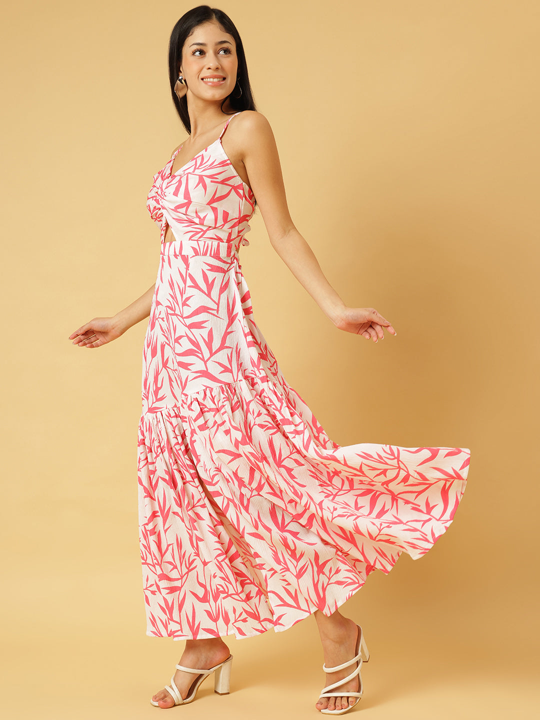 Trymisfit White & Pink Floral Cut-Out Maxi Dress – Halter Neck, Thigh-High Slit, Tiered Skirt