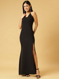Trymisfit Black Halter Neck Bodycon Maxi Dress for Women – Thigh-High Slit | Elegant Evening & Party Wear