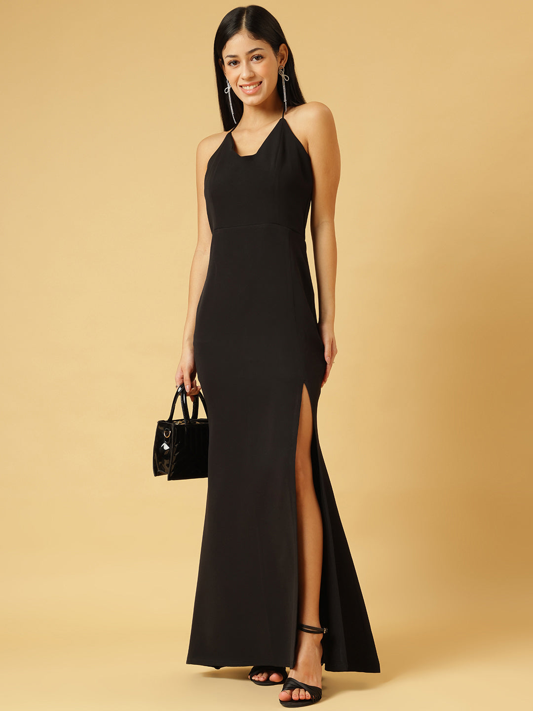 Trymisfit Black Halter Neck Bodycon Maxi Dress for Women – Thigh-High Slit | Elegant Evening & Party Wear
