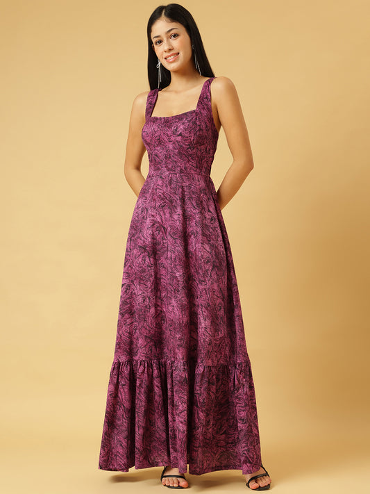 Trymisfit Pink & Purple Abstract Print A-Line Maxi Dress – Square Neck, Wide Straps, Ruffle Hem