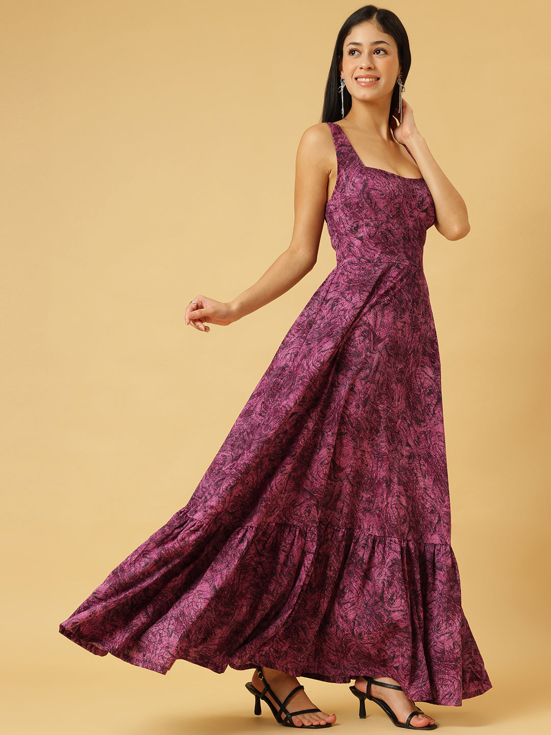 Trymisfit Pink & Purple Abstract Print A-Line Maxi Dress – Square Neck, Wide Straps, Ruffle Hem