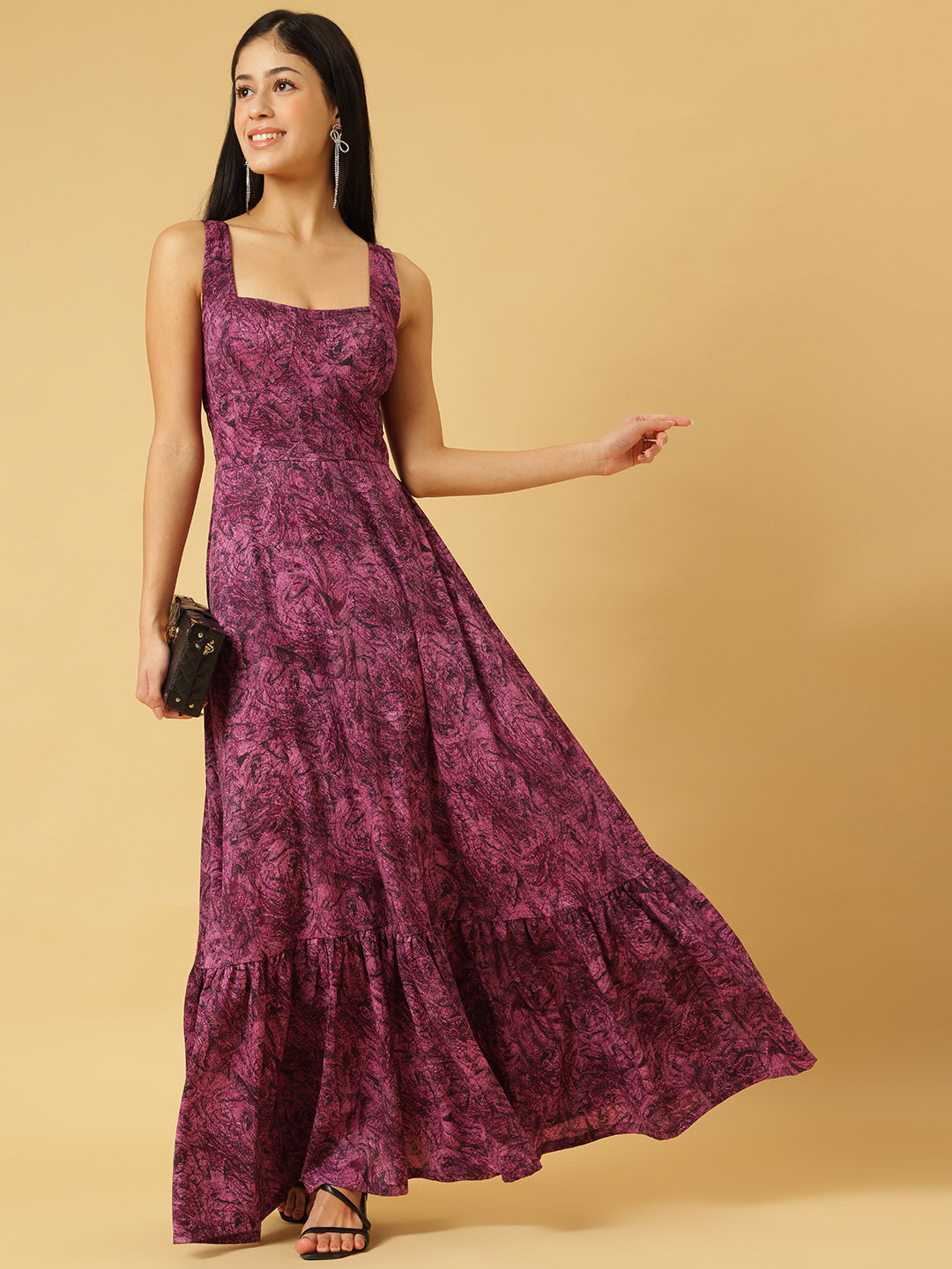 Trymisfit Pink & Purple Abstract Print A-Line Maxi Dress – Square Neck, Wide Straps, Ruffle Hem