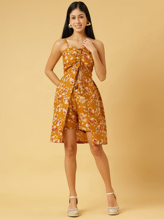 Trymisfit Mustard Floral Front-Tie Playsuit Dress – Ruched Bust, Smocked Back, Summer Romper Style
