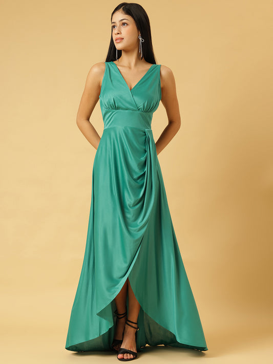 Trymisfit Sea Green Solid V-Neck Ruched Maxi Dress – Satin High-Low Gown with Asymmetric Drape