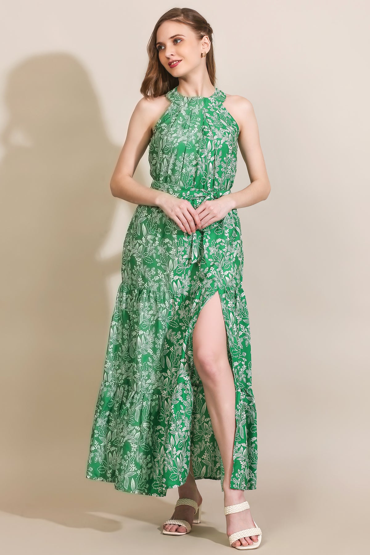 Women’s Green & White Floral Printed Halter Neck Front Slit Maxi Dress