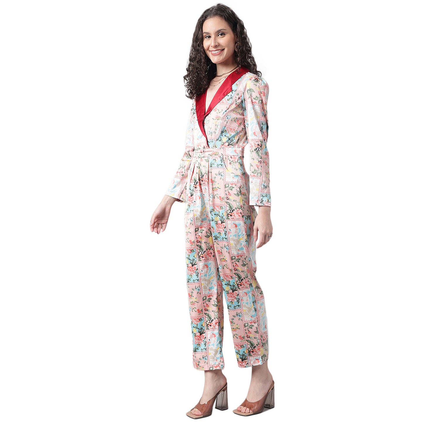 Red Satin Collar Casual Cotton Jump Suit Western Wear Dress
