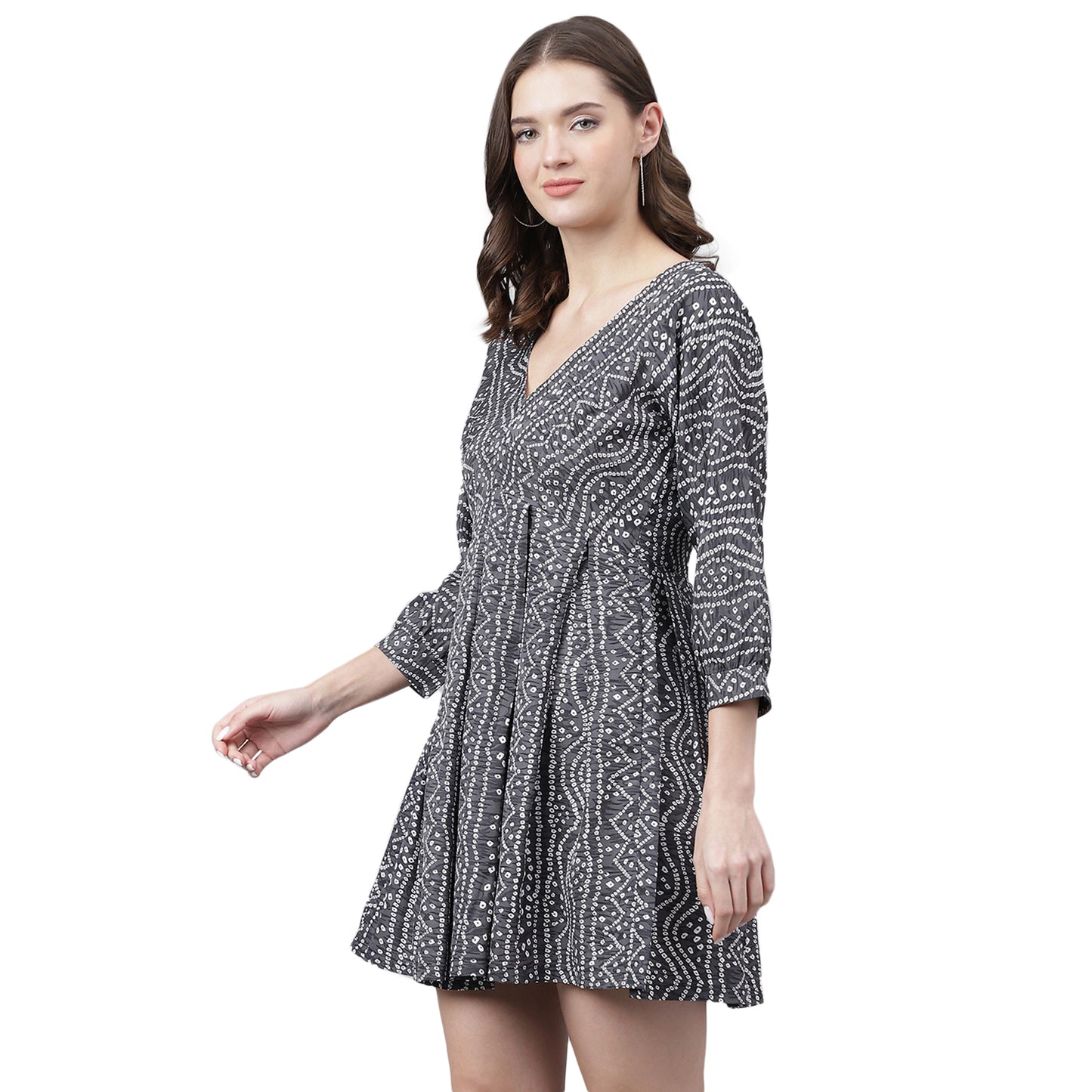Women's Grey & White Geometric Print Mini Dress – Tie-Up Back, Casual Summer Dress