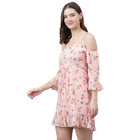 Women's Pink Floral Cold Shoulder Mini Dress – Ruffled Hem, Summer Casual Style