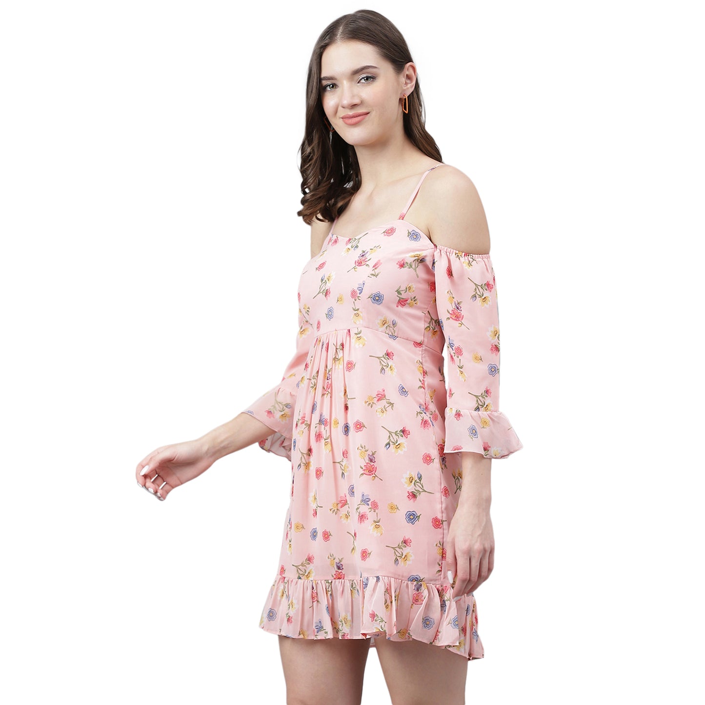 Women's Pink Floral Cold Shoulder Mini Dress – Ruffled Hem, Summer Casual Style