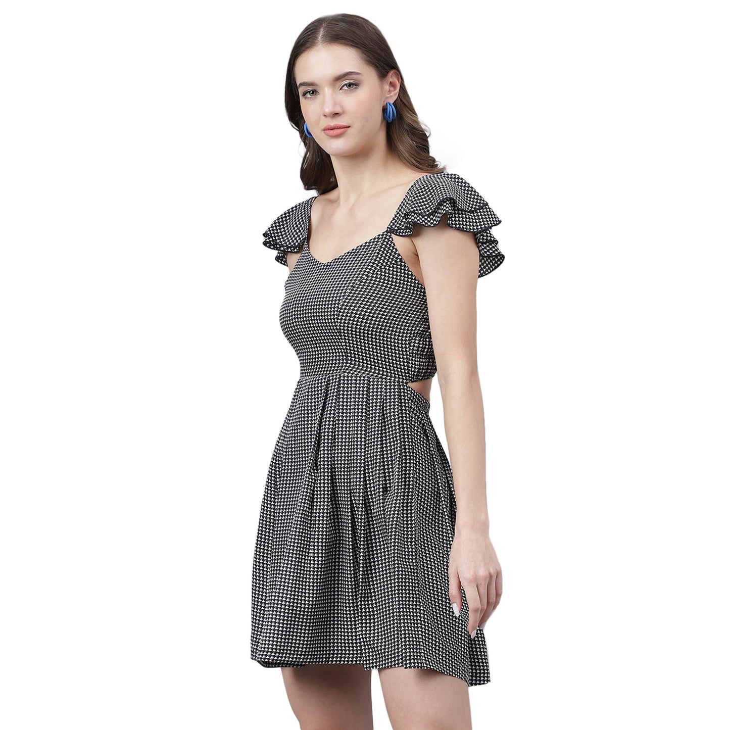 Women’s Black & White Houndstooth Mini Dress – Ruffled Sleeves, Chic Casual Dress