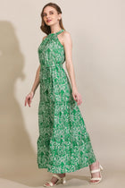 Women’s Green & White Floral Printed Halter Neck Front Slit Maxi Dress
