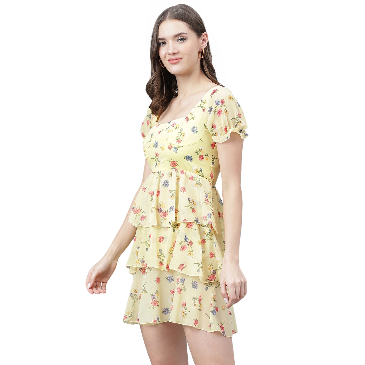 Women's Yellow Floral Tiered Mini Dress – Puff Sleeves, Summer Casual A-Line Dress