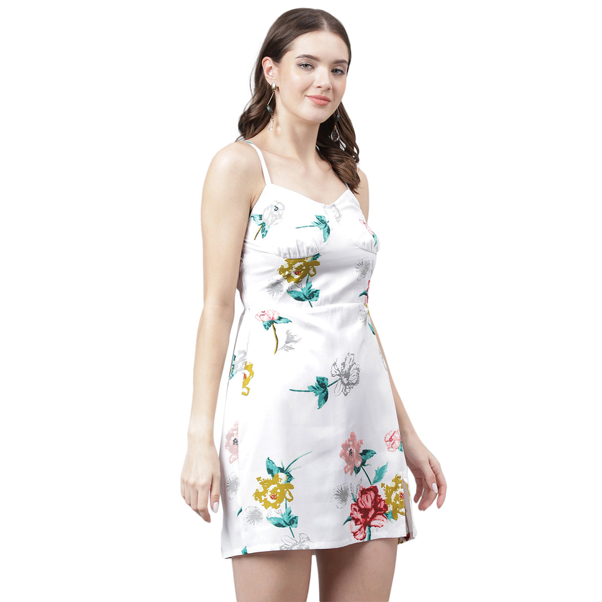Women's White Floral Printed Sleeveless Mini Dress with Adjustable Straps