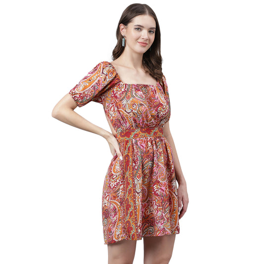 Women's Orange & Pink Paisley Mini Dress – Tie-Up Back, Boho Summer Casual Dress